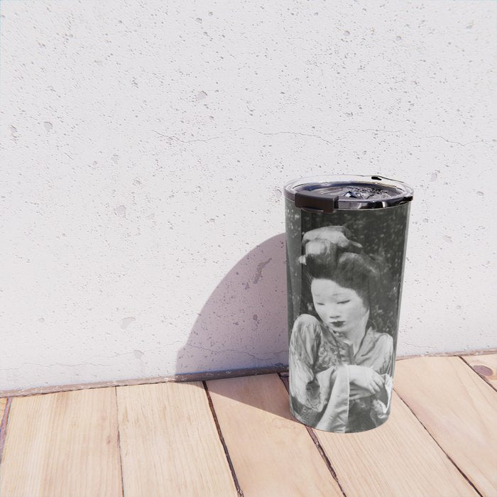 Seated Geisha with mask black and white vintage garden photograph still life by Arnold Genthe Travel Mug Gallery Image 4