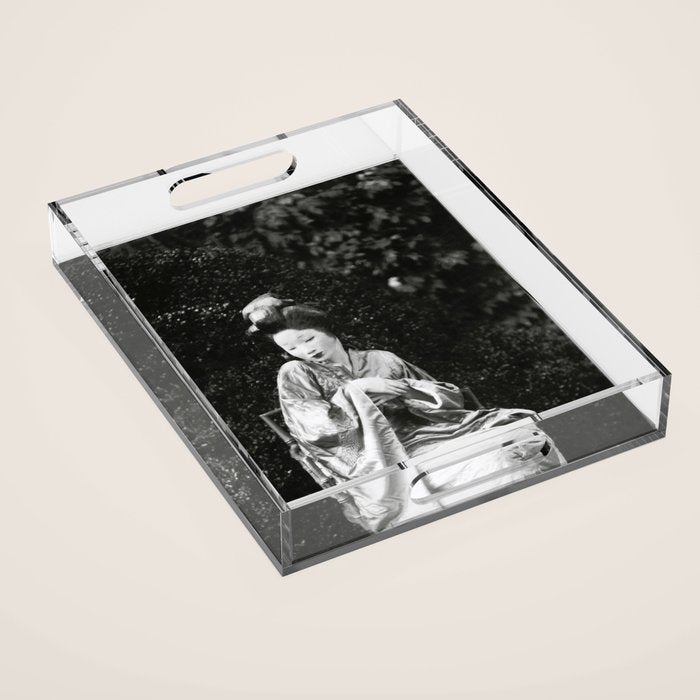 Seated Geisha with mask black and white vintage garden photograph still life by Arnold Genthe Acrylic Tray Gallery Image 1