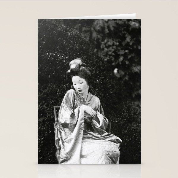 Seated Geisha with mask black and white vintage garden photograph still life by Arnold Genthe Stationery Card Gallery Image 1