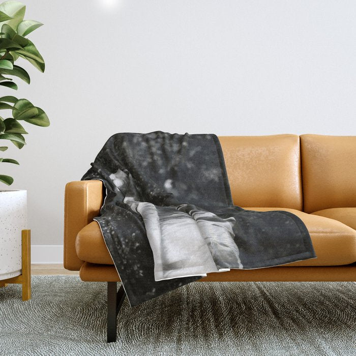 Seated Geisha with mask black and white vintage garden photograph still life by Arnold Genthe Throw Blanket Gallery Image 1
