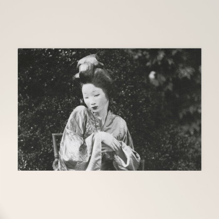 Seated Geisha with mask black and white vintage garden photograph still life by Arnold Genthe Welcome Mat Gallery Image 1