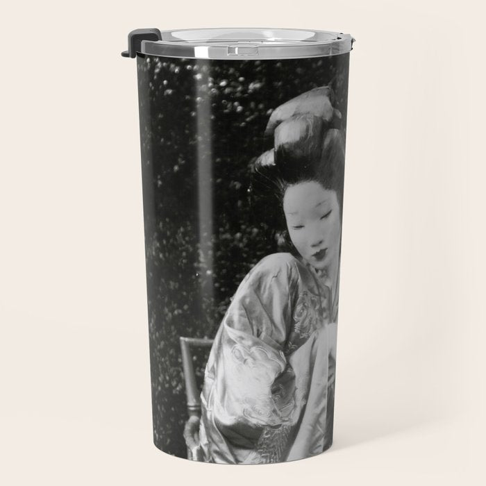 Seated Geisha with mask black and white vintage garden photograph still life by Arnold Genthe Travel Mug Gallery Image 3