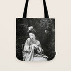 Seated Geisha with mask black and white vintage garden photograph still life by Arnold Genthe Tote Bag Gallery Image 1