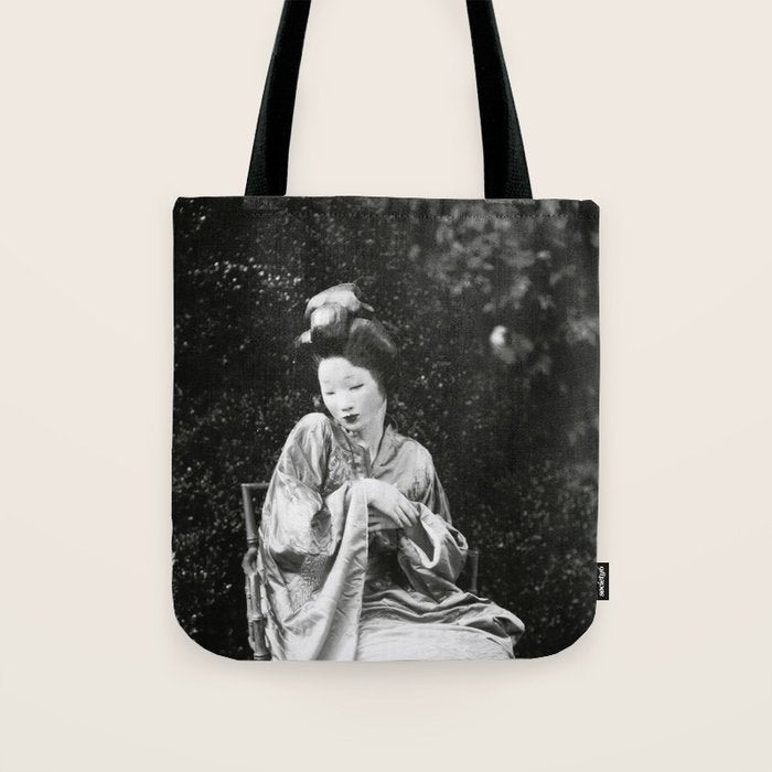 Seated Geisha with mask black and white vintage garden photograph still life by Arnold Genthe Tote Bag Gallery Image 1