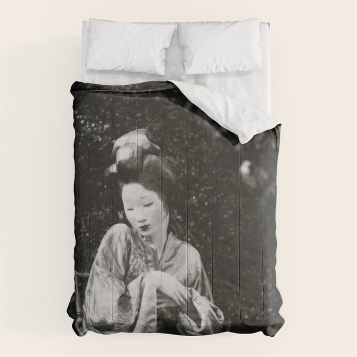 Seated Geisha with mask black and white vintage garden photograph still life by Arnold Genthe Comforter Gallery Image 6