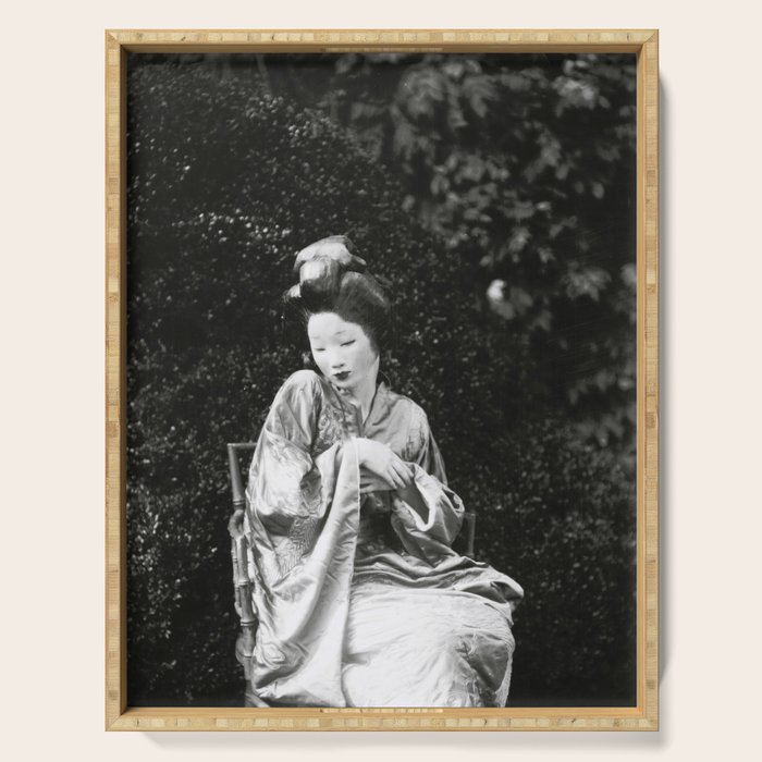Seated Geisha with mask black and white vintage garden photograph still life by Arnold Genthe Serving Tray Gallery Image 1