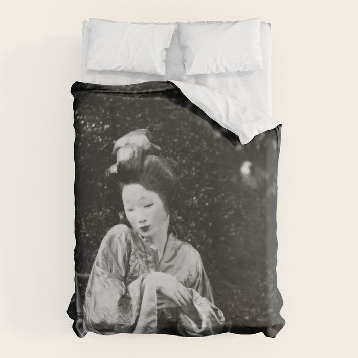 Seated Geisha with mask black and white vintage garden photograph still life by Arnold Genthe Duvet Cover Gallery Image 6