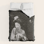 Seated Geisha with mask black and white vintage garden photograph still life by Arnold Genthe Duvet Cover Gallery Image 6