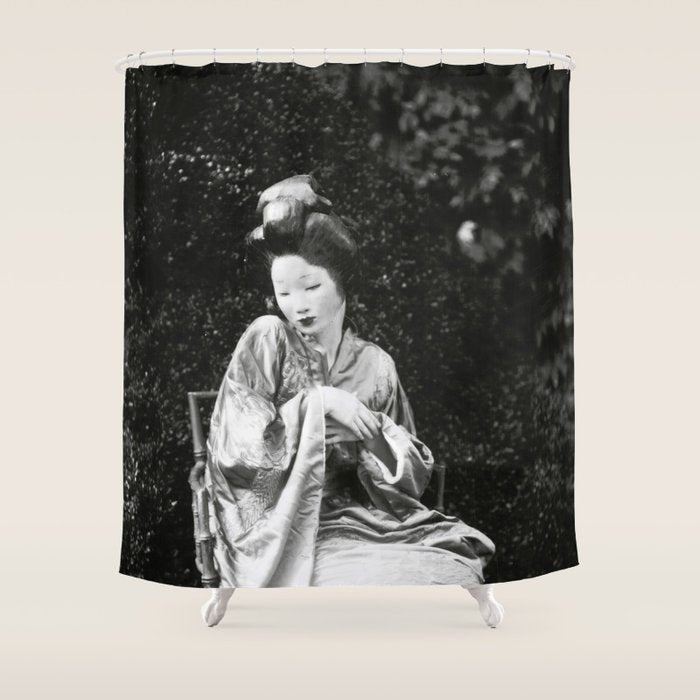 Seated Geisha with mask black and white vintage garden photograph still life by Arnold Genthe Shower Curtain Gallery Image 1