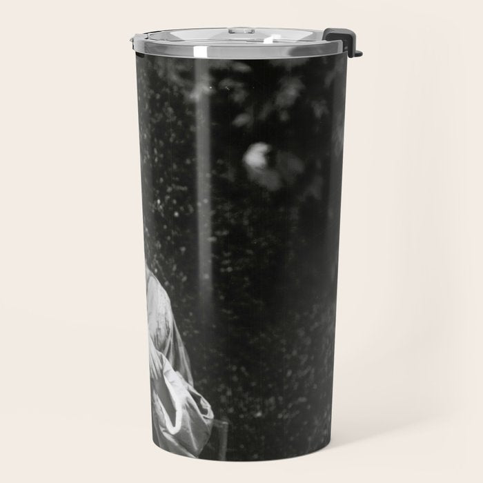 Seated Geisha with mask black and white vintage garden photograph still life by Arnold Genthe Travel Mug Gallery Image 2