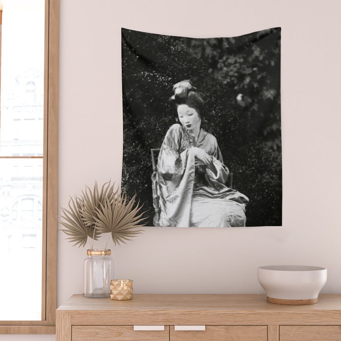 Seated Geisha with mask black and white vintage garden photograph still life by Arnold Genthe Wall Tapestry Gallery Image 2