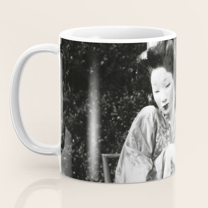 Seated Geisha with mask black and white vintage garden photograph still life by Arnold Genthe Coffee Mug Gallery Image 3