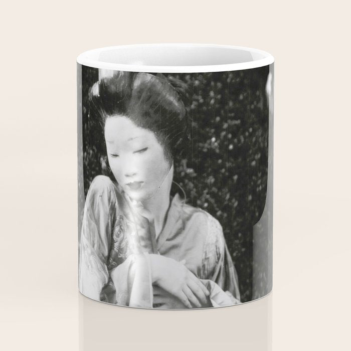 Seated Geisha with mask black and white vintage garden photograph still life by Arnold Genthe Coffee Mug Gallery Image 4