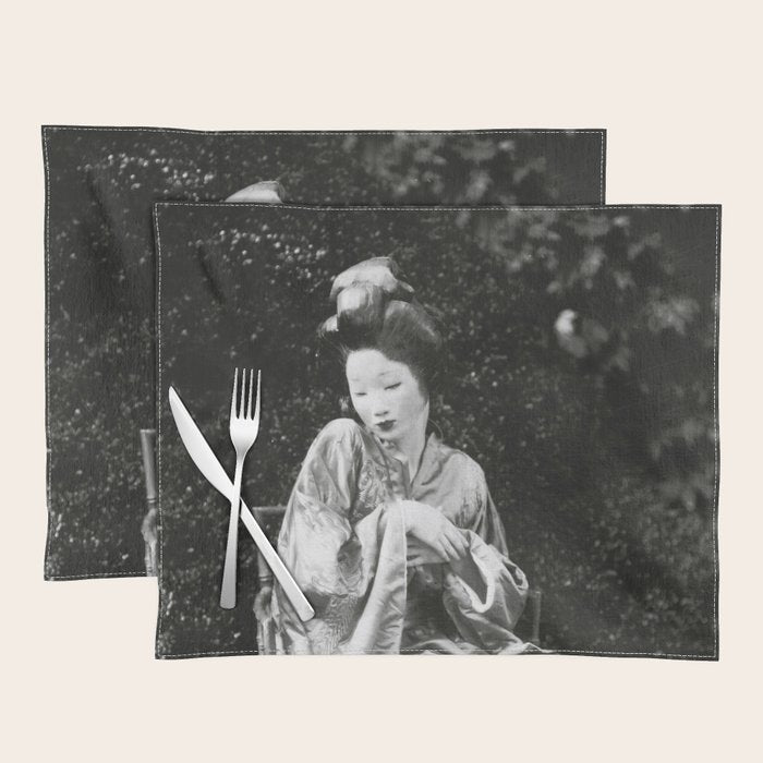 Seated Geisha with mask black and white vintage garden photograph still life by Arnold Genthe Placemat Gallery Image 1