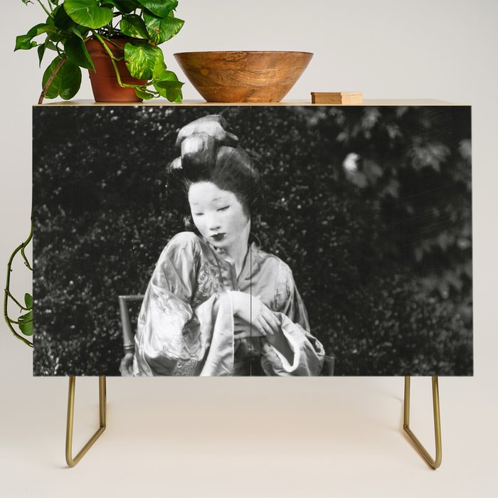 Seated Geisha with mask black and white vintage garden photograph still life by Arnold Genthe Credenza Gallery Image 1
