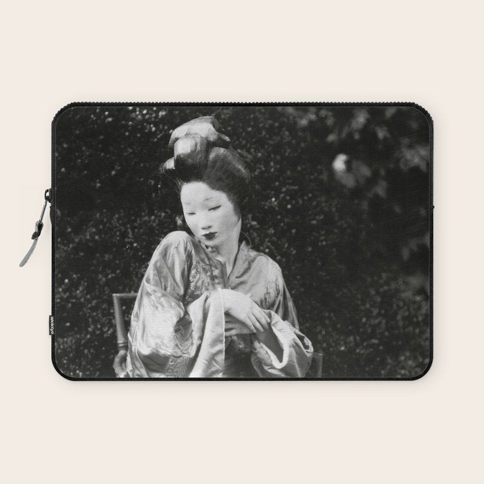 Seated Geisha with mask black and white vintage garden photograph still life by Arnold Genthe Laptop Sleeve Gallery Image 1
