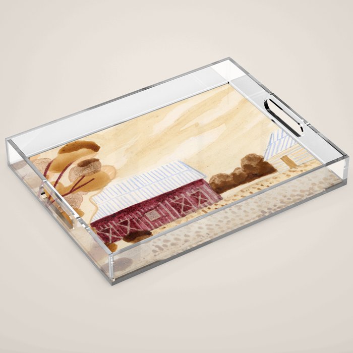Rustic Country Barn Painting in Yellow Ochre & Brown Acrylic Tray Gallery Image 1