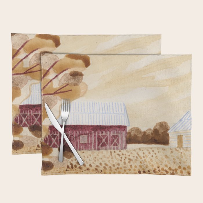 Rustic Country Barn Painting in Yellow Ochre & Brown Placemat Gallery Image 1