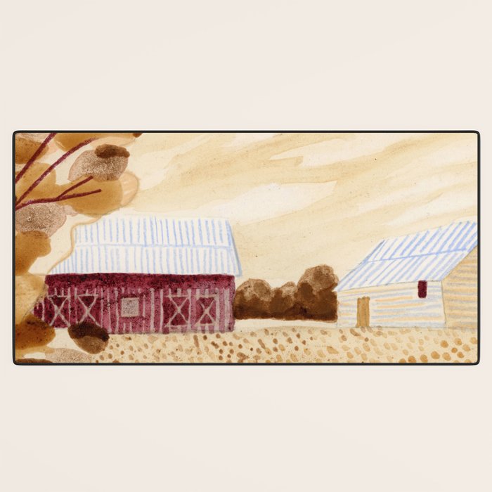 Rustic Country Barn Painting in Yellow Ochre & Brown Desk Mat Gallery Image 3