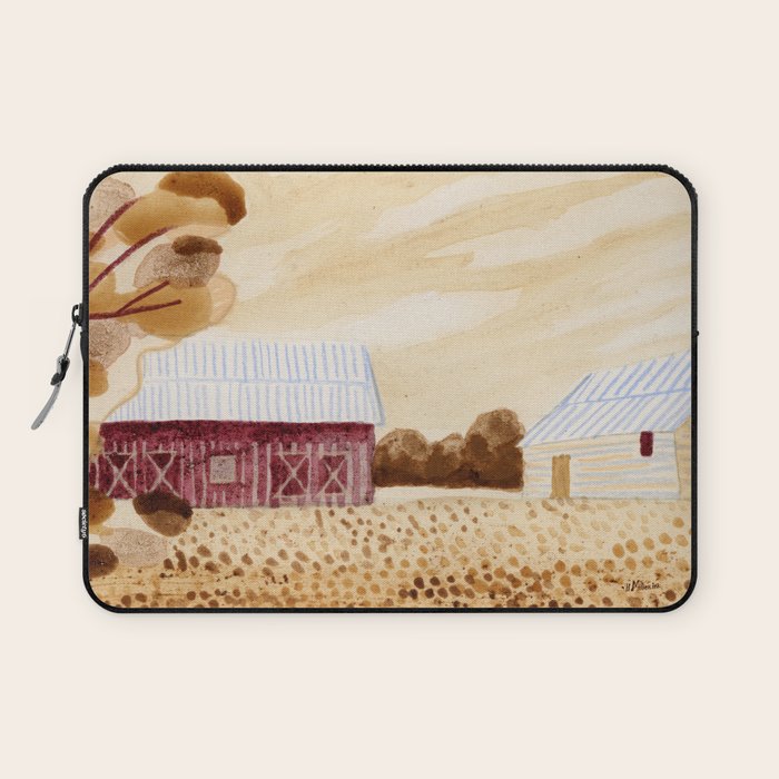 Rustic Country Barn Painting in Yellow Ochre & Brown Laptop Sleeve Gallery Image 1