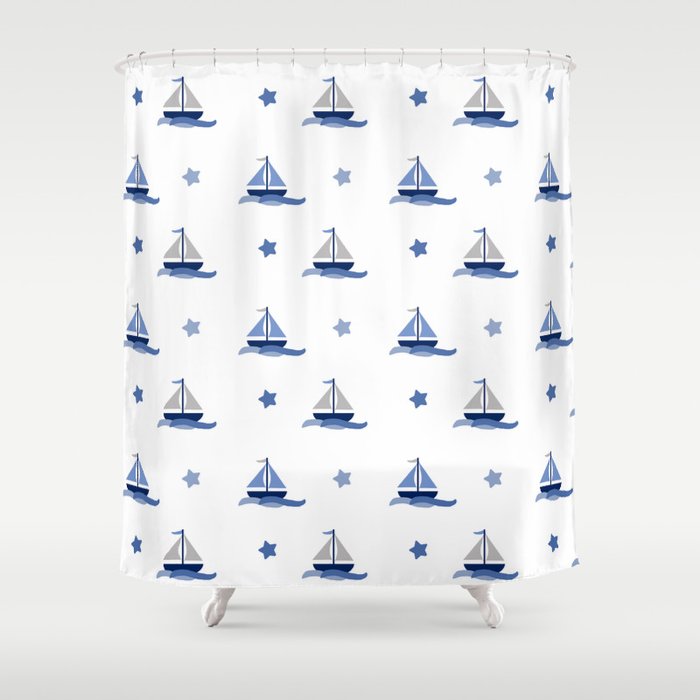 Navy Blue Nautical Sailboat Shower Curtain Gallery Image 1