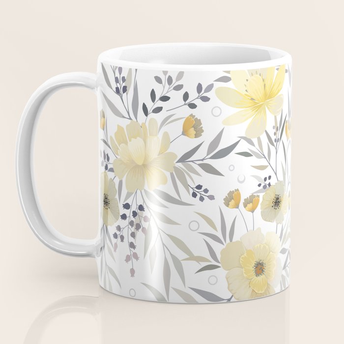 Modern, Floral Prints, Yellow, Gray and White Coffee Mug Gallery Image 3