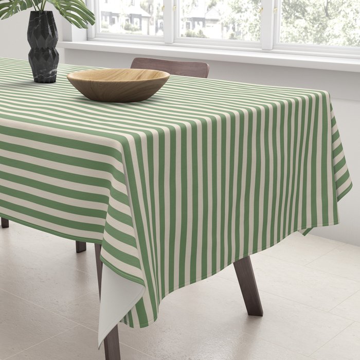 Ultra Fine Stripe Narrow Pinstripe Pattern in Vintage Green and Beige Tablecloth Gallery Image 3