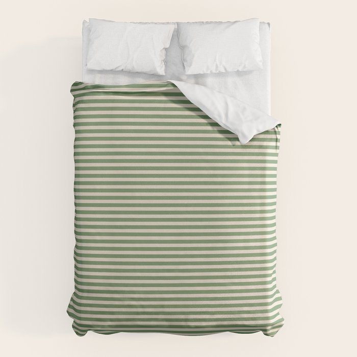 Ultra Fine Stripe Narrow Pinstripe Pattern in Vintage Green and Beige Duvet Cover Gallery Image 1