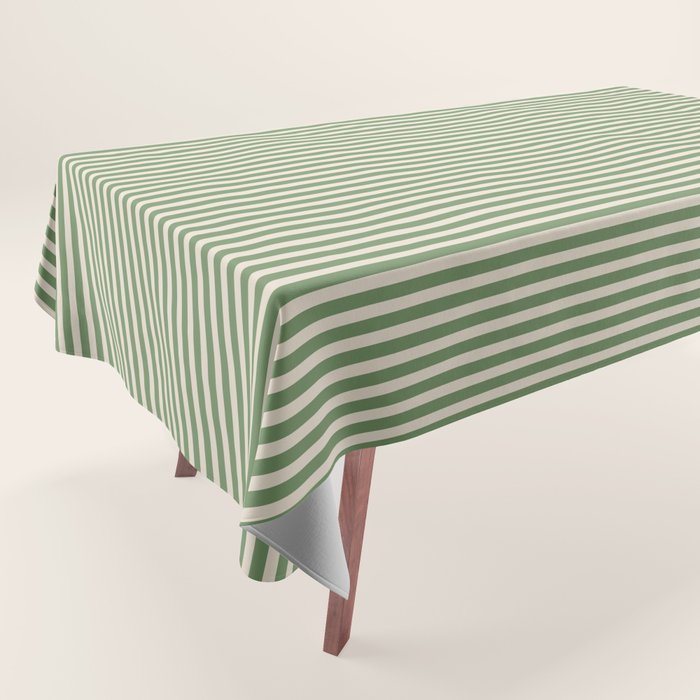 Ultra Fine Stripe Narrow Pinstripe Pattern in Vintage Green and Beige Tablecloth Gallery Image 1