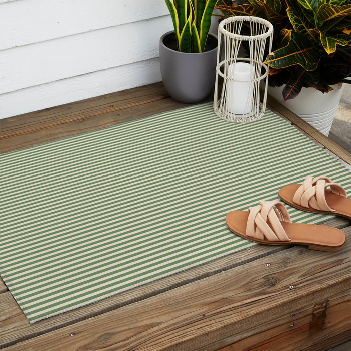 Ultra Fine Stripe Narrow Pinstripe Pattern in Vintage Green and Beige Outdoor Rug Gallery Image 2