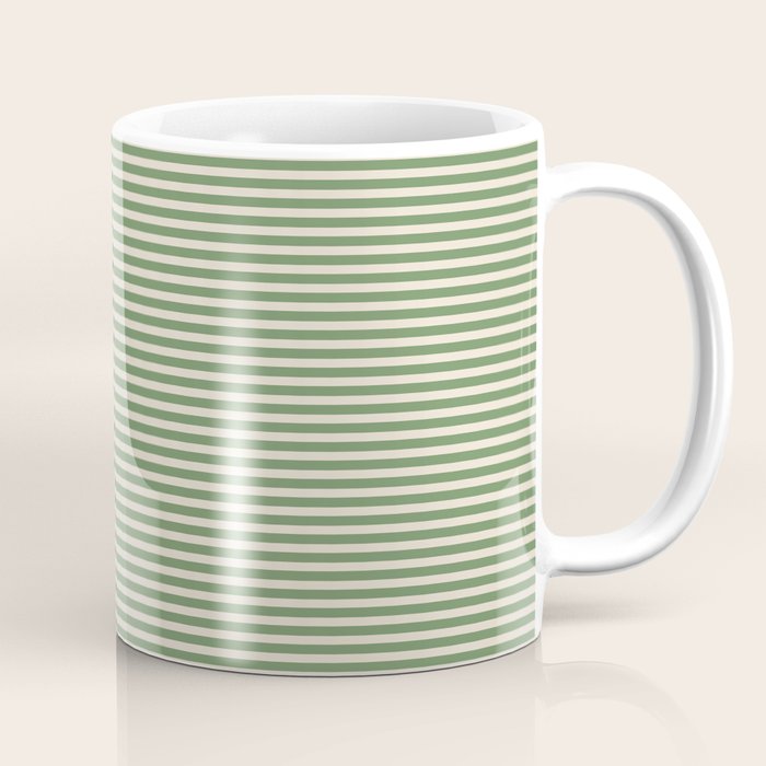 Ultra Fine Stripe Narrow Pinstripe Pattern in Vintage Green and Beige Coffee Mug Gallery Image 1