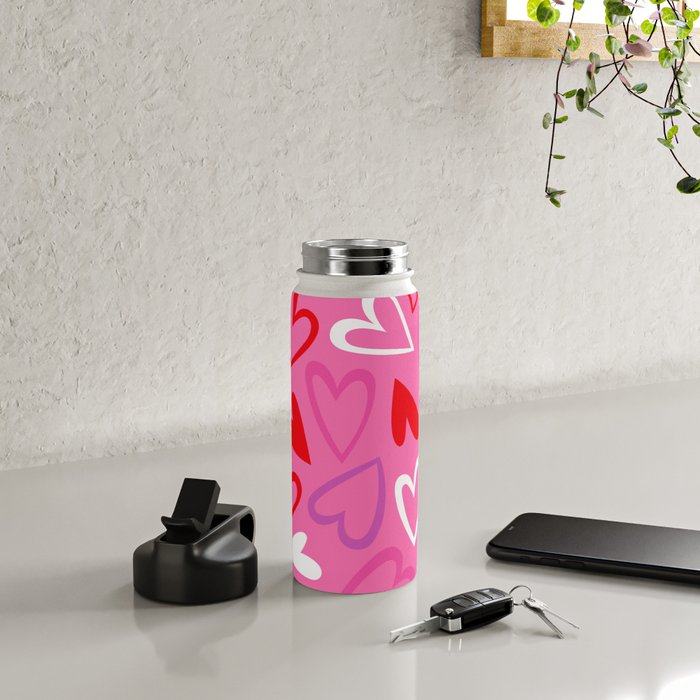 Pink love heart cartoon pattern Water Bottle Gallery Image 4