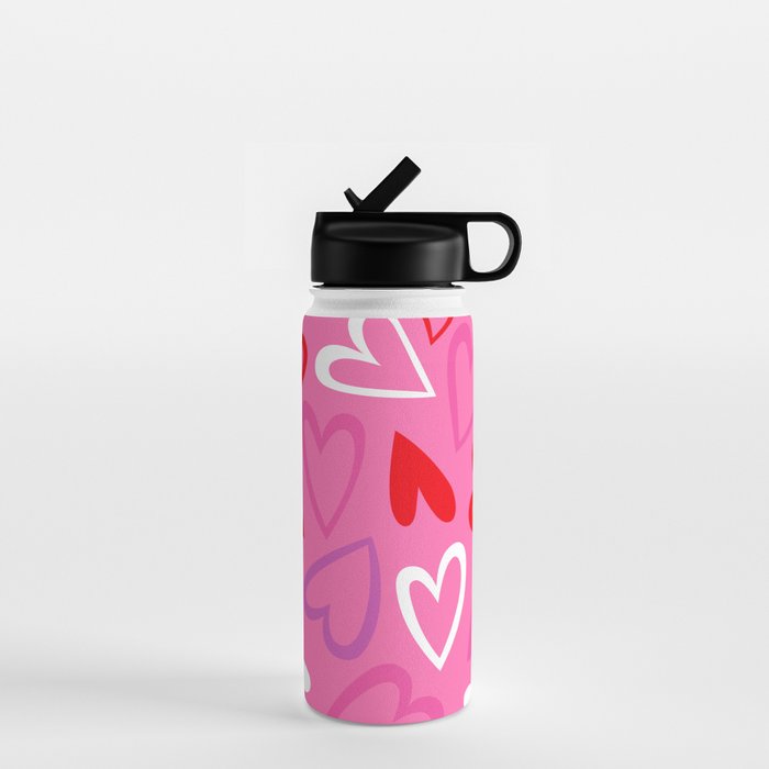 Pink love heart cartoon pattern Water Bottle Gallery Image 1