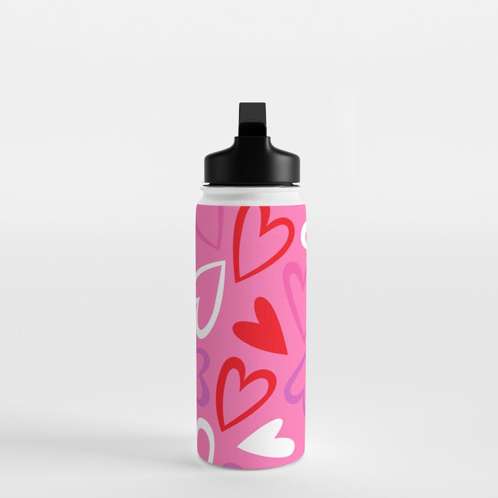 Pink love heart cartoon pattern Water Bottle Gallery Image 3