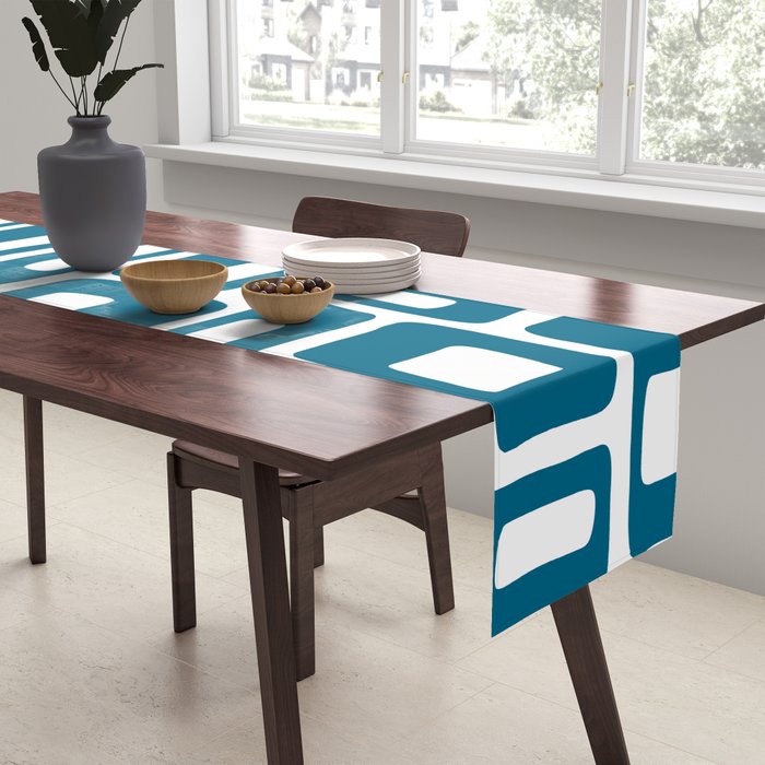 Retro Mid Century Modern Abstract Pattern 336 Peacock Blue Table Runner Gallery Image 2