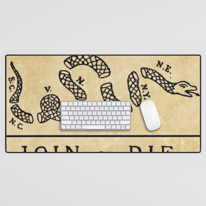 1776 "Join, or Die" Revolutionary War flag with 13 colonies, snake & no colors by Benjamin Franklin Desk Mat Gallery Image 1