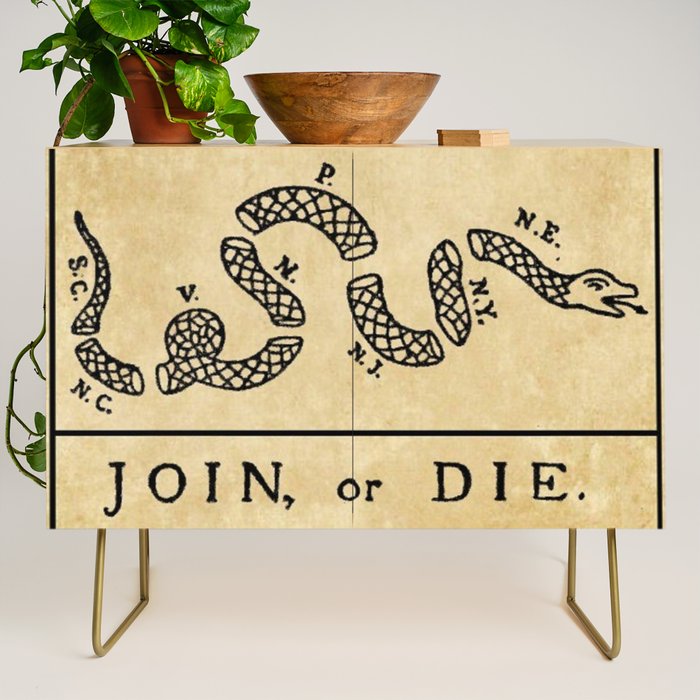 1776 "Join, or Die" Revolutionary War flag with 13 colonies, snake & no colors by Benjamin Franklin Credenza Gallery Image 1