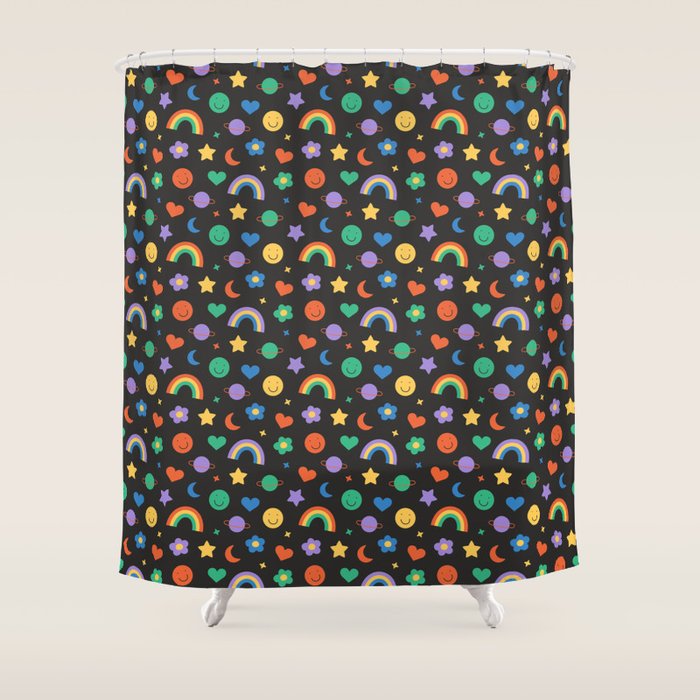 Funny retro cartoon doodle sticker pattern Shower Curtain Gallery Image 1
