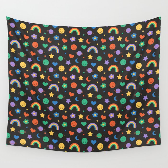 Funny retro cartoon doodle sticker pattern Wall Tapestry Gallery Image 4
