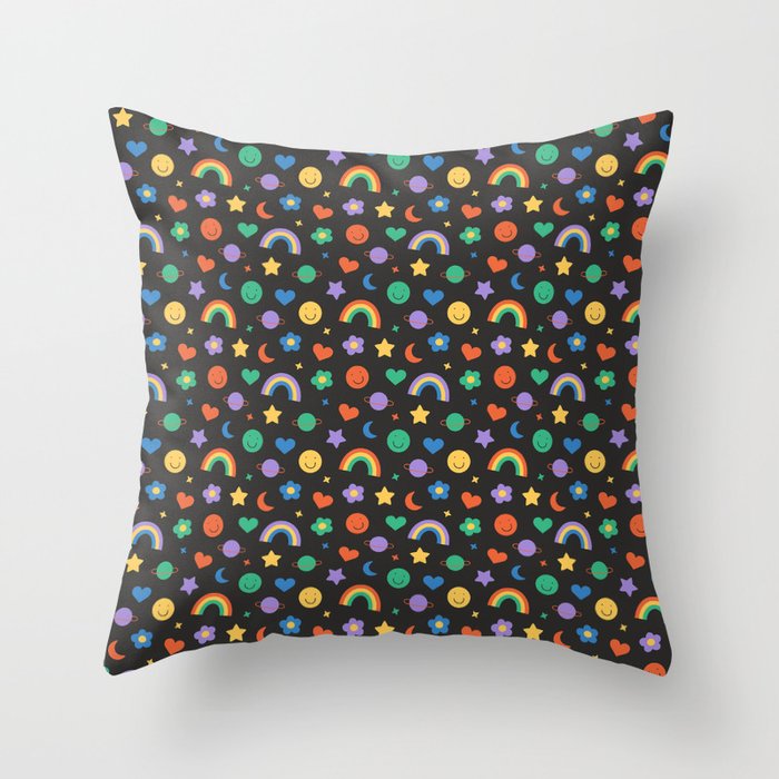Funny retro cartoon doodle sticker pattern Throw Pillow Gallery Image 1
