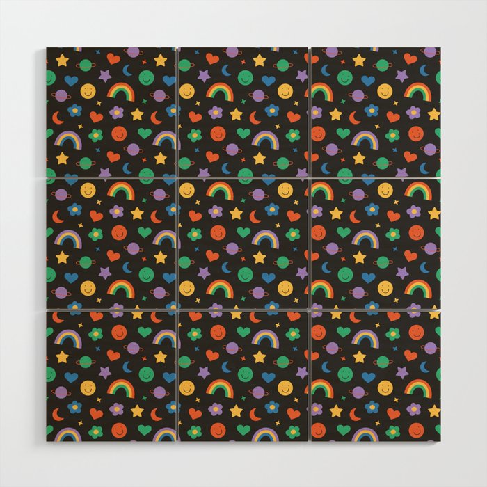 Funny retro cartoon doodle sticker pattern Wood Wall Art Gallery Image 1