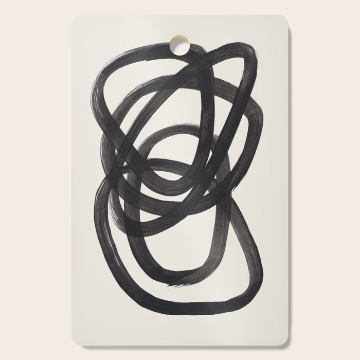 Mid Century Modern Minimalist Abstract Art Brush Strokes Black & White Ink Art Spiral Circles Cutting Board Gallery Image 1