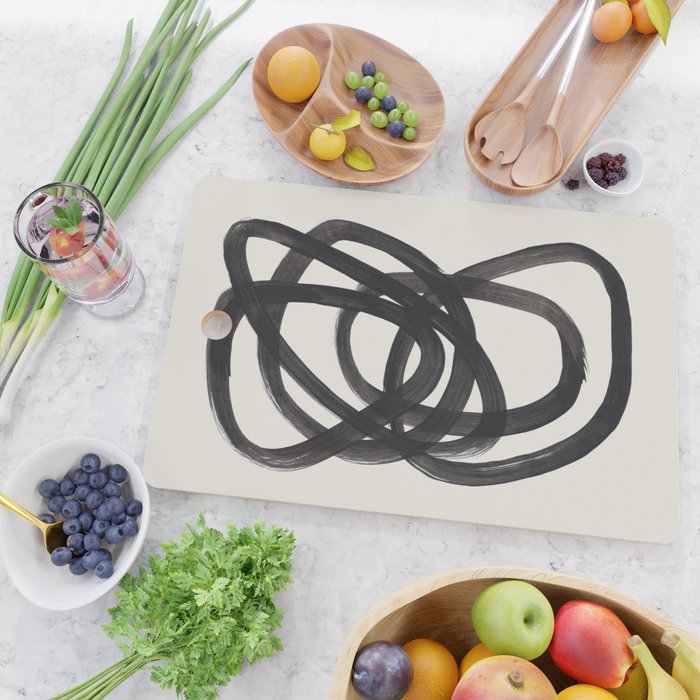Mid Century Modern Minimalist Abstract Art Brush Strokes Black & White Ink Art Spiral Circles Cutting Board Gallery Image 2