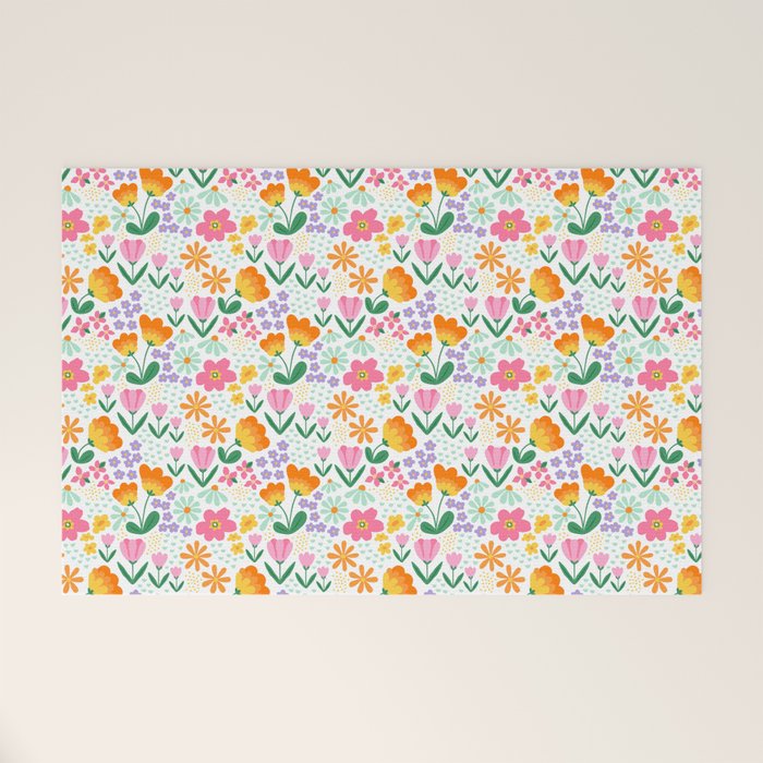 Colorful retro flower folk art pattern Welcome Mat Gallery Image 1