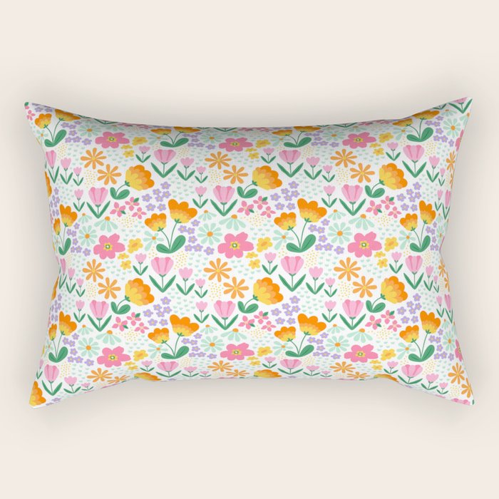 Colorful retro flower folk art pattern Rectangular Pillow Gallery Image 1