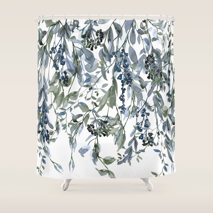 Watercolor Leaves Floral Prints Shower Curtain Gallery Image 1