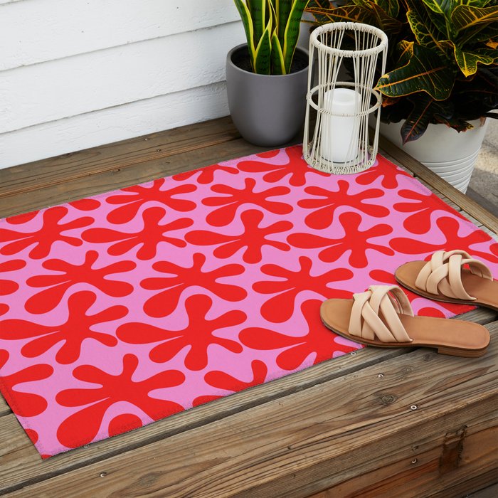 Preppy Pink and Red Amoeba Dance Bold Pop Contemporary Pattern Outdoor Rug Gallery Image 2
