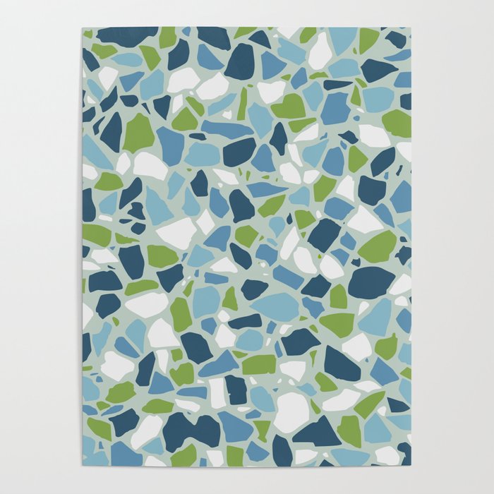 Terrazzo Mosaic Pattern, Teal Blue, Green, White Poster Gallery Image 1