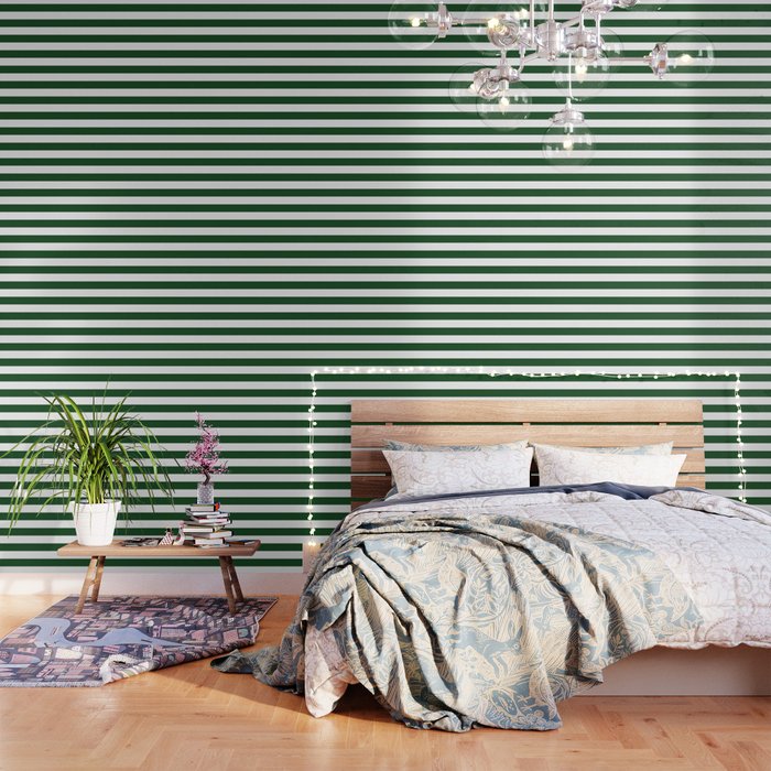 Jumbo Forest Green and White Rustic Horizontal Cabana Stripes Wallpaper Gallery Image 3