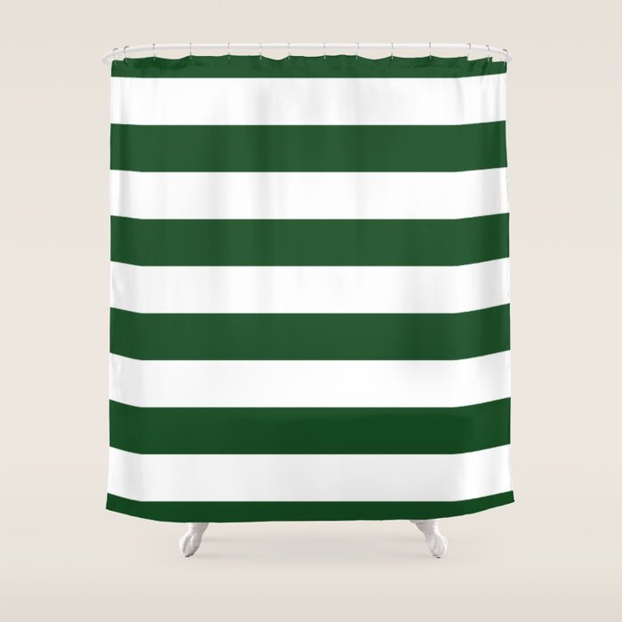 Jumbo Forest Green and White Rustic Horizontal Cabana Stripes Shower Curtain Gallery Image 1